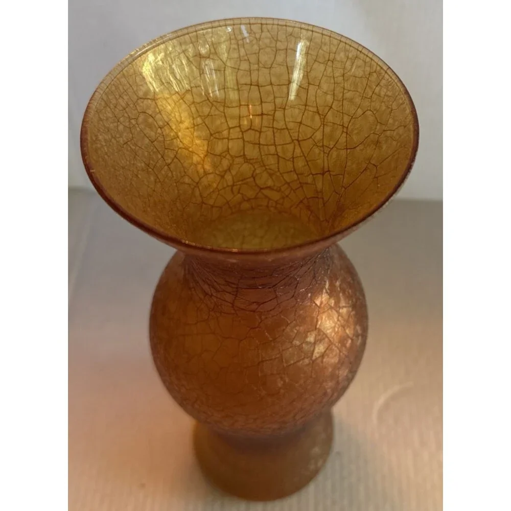 Vintage Amber  Crackle Glass Vase 9